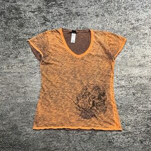Harley Davidson Short Sleeve Top Womens Medium Orange Y2K Skull Grunge